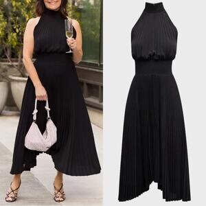 A.L.C. Renzo Sleeveless Smocked Mock Neck Pleated Swing Dress Size 4 Solid Black